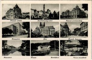 Kassa, Kosice; Nemzeti színház, Szentháromság szobor, Katonai parancsnokság, Postapalota, Dóm, Kossuth Lajos utca, Malomárok, Bankófüred, Városi strandfürdő / theatre, Holy Trinity statue, military headquarters, post office, cathedral, street view, mill ditch, Bankov spa, bathers, swimming pool