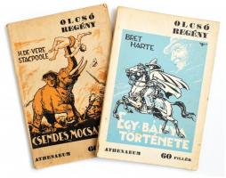 2 db könyv az olcsó regény sorozatból: Bret Harte: Egy bánya története. Bp. é.n. Athenaem. Kiadói kissé kopott papírkötésben + H. de Vere Stacpoole: Csendes mocsarak. Bp. é.n. Athenaeum. Kiadói kissé kopott papírkötésben