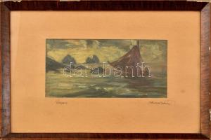 Jaksa István (1894-1982): Capri. Olaj, karton, jelzett. Sérült fa keretben, 13x24 cm