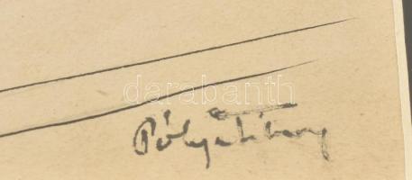 Pólya Tibor jelzéssel: Autós társaság. Ceruza, tus, papír. Üvegezett fa keretben, 27,5×39 cm