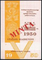 1950 Fővárosi Villamosvasút K. V. utazási igazolványa, MINTA felirattal