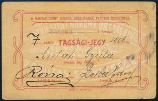 1906 Magyar Szent Korona Országainak Vasutas Szövetsége, tagsági jegy, aláírásokkal, 7x11 cm