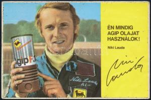 cca 1975 Agip reklám matrica, Niki Lauda autóversenyző portréjával és nyomtatott aláírásával, 8,5x13 cm