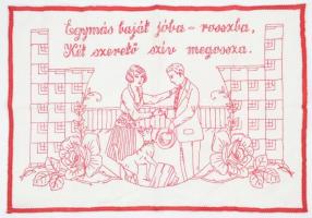 Népies hímzett falvédő, felirattal (Egymás baját jóba-rosszba, Két szerető szív megossza.), 79x55 cm
