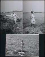 cca 1972 Csendes öböl, nudizásra termett, szolidan erotikus felvételek, 3 db mai nagyítás, 15x10 cm