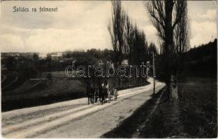 1906 Szliács, Sliac; felmenet a városba, út lovaskocsival / road, horse cart (ragasztónyom / gluemark)