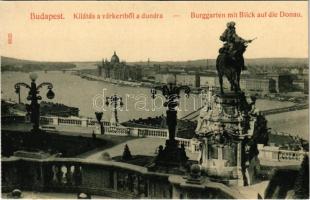 Budapest I. Kilátás a várkertből a Dunára, Jenő herceg szobra. Taussig A. 8825.