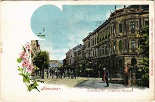 Temesvár, Timisoara; Andrássy út, villamos. Uhrmann Henrik kiadása / street, tram. Floral