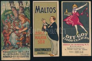 cca 1910-1930 3 db reklámos számolócédula: Dit-Got likőr, Árkád Bazár, Maltos sör