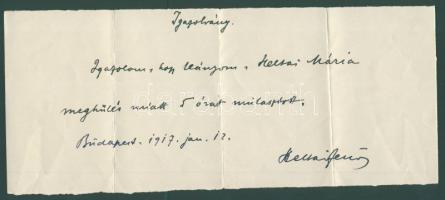 1917 Heltai Jenő (1871-1957) író, költő, újságíró saját kézzel írt és aláírt iskolai igazolása lánya részére