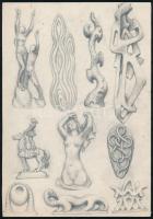Jakab Gyula (1910-1991): Aktok és formák. Ceruza, papír, jelzett, kétoldalas, 21x14,5 cm