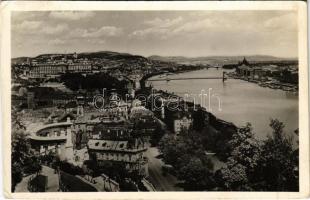 1937 Budapest I. Kilátás a Gellérthegyről, Királyi vár, Tabán, Döbrentei tér, villamos (EB)