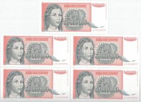 Jugoszlávia 1993. 50.000.000D (5x) sorszámkövetők, pótkiadás "ZA 0148075 - ZA 0148079" T:I Yugoslavia 1993. 50.000.000 Dinara (5x) consecutive serials, replacement note "ZA 0148075 - ZA 0148079" C:UNC