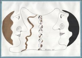 Szász Károly István (1909-1979): Arcok, 1964. Vegyes technika, papír, jelzett. Paszpartuban. 18×26 c...