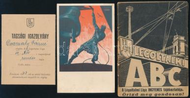 cca 1936-1940 Légoltalmi Ligával kapcsolatos vegyes nyomtatvány tétel, 5 db, tagsági igazolvány, képeslap, Légoltalmi ABC, kenyérpótjegy
