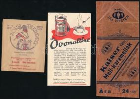 cca 1926-1944 3 db-os reklám tétel: Ovomaltine ismertető prospektus, Robur fűszerkeverék papírtasak, Kaiser-féle Mell-karamellák reklámtasak