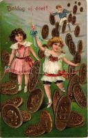 1908 Boldog új évet! Gyerekek pénzérmékkel. Dombornyomott litho / New Year greeting, children with coins. Embossed litho