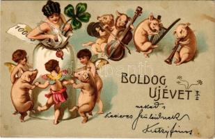 1902 Boldog újévet! Malac zenekar. Dombornyomott / New Year greeting, pig music band. Embossed litho (EK)