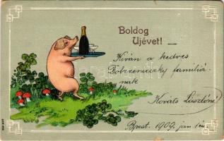 1909 Boldog újévet! Malac pezsgővel. Dombornyomott / New Year greeting, pig with champagne. Embossed litho (apró szakadások / tiny tears)