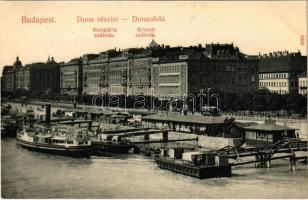 Budapest V. Duna részlet, Hotel Hungária és Bristol szálloda, rakpart, hajóállomás, gőzhajók, villamos. Taussig A. 9488.