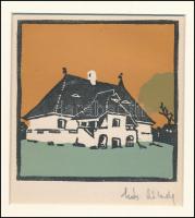 Kós Károly (1883-1977): Kúria. Linómetszet, papír, utólagos jelzéssel, paszpartuban, 11×11 cm