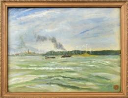 Cserepes István (1901-1944): Hajók a Dunán. Tempera, papír, jelzett, üvegezett fakeretben, 39,5×49 cm