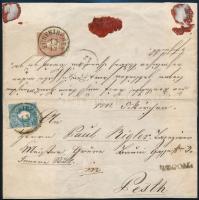 1858 Ajánlott levél 10kr + 15kr II. tip. bérmentesítéssel FÜNFKIRCHEN - PESTH kiállítási célból szétnyitva