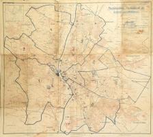 1942 Budapest térképe, riadókörzetek, riadókörzetek és katonai megszállások, javított, hajtásoknál szakadások, 90x80 cm