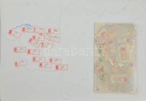 Kb 400 db magyar ajánlási ragjegy kartonlapokon, rajzolt térképeken feldolgozva illetve tasakban ömlesztve
