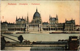1906 Budapest V. Országház, Parlament egy uszályról nézve. Taussig A. 3026. (fl)
