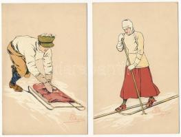 2 db RÉGI litho művész képeslap téli sportokról, P. Megrini szignóval: síelés és szánkózás / 2 pre-1945 litho art postcards of winter sport, signed by P. Megrini: sledding and skiing
