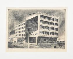 Nagy Ernő (1926-?): Hotel Eger. Rézkarc, papír, jelzett. Lap széle kissé foltos. Paszpartuban. 20x29 cm