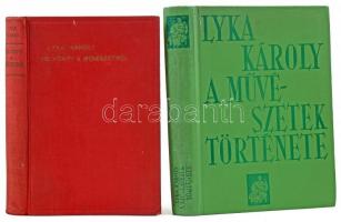 Lyka Károly 2 könyve: Kis könyv a művészetről. Bp., 1927, Singer és Wolfner. Negyedik kiadás. Kiadói egészvászon-kötés, kissé koszos borítóval. + A művészetek története. Bp., 1965, Képzőművészeti Alap. Negyedik kiadás. Fekete-fehér képekkel illusztrált. Kiadói nyl-kötés, kissé koszos borítóval, a borító hátulján ragasztásnyomok.