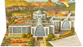 1960 Brno, Brünn; Brnenské Vystaviste / Exhibition. 2-tiled modern pop-up folding dimension postcard...