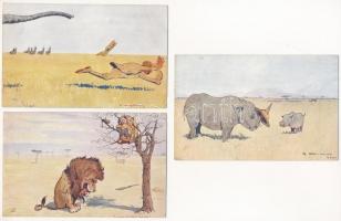 3 db régi humoros képeslap állatokkal, Pick szignóval / 3 pre-1945 humorous postcards with animals (B.K.W.I. 954-1/8/12)