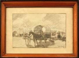 Zombory Lajos (1867-1933): Piac. Tus, ceruza, papír, jelzett, üvegezett fakeretben, 14×21 cm