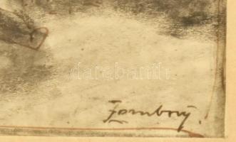 Zombory Lajos (1867-1933): Piac. Tus, ceruza, papír, jelzett, üvegezett fakeretben, 14×21 cm