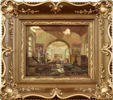 Károlyi Andor (1894-?): Romos templombelső (feltehetően I. világháborús helyszín). Olaj, vászon, jelzés nélkül, a keret hátoldalán feliratozott. Dekoratív fakeretben, 18x21 cm