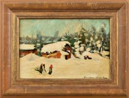 Komáromi-Kacz Endre (1880-1969): Séta a hóban. Olaj, karton, jelzett, sérült. Dekoratív, kissé sérült fakeretben, 20×30 cm