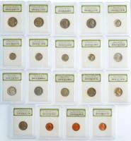 Amerikai Egyesült Államok 19xklf érméből álló szett, mindegyik darab International Numismatic Bureau műanyag tokban, a teljes szett eredeti Professional Coin Grading Service műanyag dobozban. Benne: 1967-1973. 1c Br Lincoln (3xklf) + 1959-2006. 5c Cu-Ni Jefferson (7xklf, ebből 3db PP) + 1985-1996. 1d Cu-Ni Roosevelt (5xklf) + 1968-1985. 1/4$ Cu-Ni Washington (4xklf) T:1,1- USA 19xdiff coin lot, all in International Numismatic Bureau plastic case, the whole set in original Professional Coin Grading Service plastic box. Within: 1967-1973. 1 Cent Br Lincoln (3xdiff) + 1959-2006. 5 Cents Cu-Ni Jefferson (7xdiff, with 3pcs PP) + 1985-1996. 1 Dime Cu-Ni Roosevelt (5xdiff) + 1968-1985. 1/4 Dollar Cu-Ni Washington (4xdiff) C:UNC,AU
