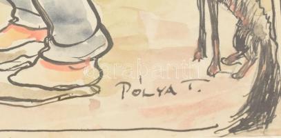 Pólya T jelzéssel: Misa az éjiőr (...). Vegyes technika, papír, 29×41 cm. Üvegezett fakeretben