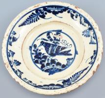 1869 régi Korondi népi tányér, cserép, korának megfelelő sérülésekkel, d: 29 cm