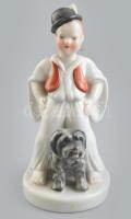 Herendi porcelán fiú kutyával, kézzel festett, kopásnyomokkal, jelzett, m: 16 cm