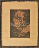 Varga Mátyás (1910-2002): Önarckép. Linómetszet, papír. Jelzett, autográf ajándékozási sorokkal 1942-ből. Üvegezett, kopott fakeretben, 30×20 cm