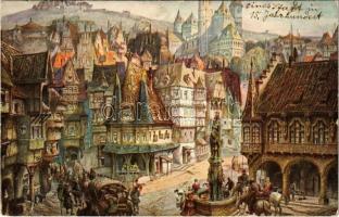 Inneres einer Stadt 15. Jahrhundert. T.S.N. Serie 721. (6 Dess.) / German folklore art postcard s: Jos. Klemm