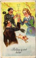 1949 Boldog Újévet! / New Year greeting art postcard with chimney sweeper, pig and clovers (EB)