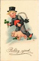 Boldog Újévet! / New Year greeting art postcard with chimney sweeper, mushroom, pig and clovers