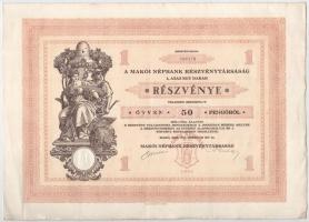 Makó 1929. "Makói Népbank Részvénytársaság" részvénye 50P-ről (2x), sorszámkövetők "0...