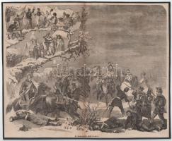 cca 1870-1890 A honvédek első harca (1848-as szabadságharc). Fametszet. Jelzés nélkül, körbevágva, modern kartonra kasírozva, kissé foltos, 25,5x21 cm