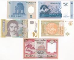 5db klf külföldi bankjegy klf országokból (Tadzsikisztán, Szerbia, Madagaszkár, Mongólia, Nepál), közte Tadzsikisztán 1999. 5D + Szerbia 2013. 10 Dinara T:I 5pcs of diff banknotes from diff countries (Tajikistan, Serbia, Madagascar, Mongolia, Nepal), with Tajikistan 1999. 5 Dirams + Serbia 2006. 10 Dinara C:UNC